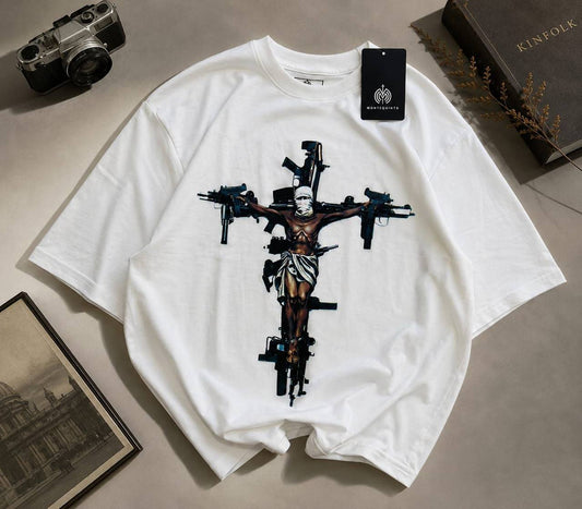 Crucifix Streetwear Oversized Tee – White Edition